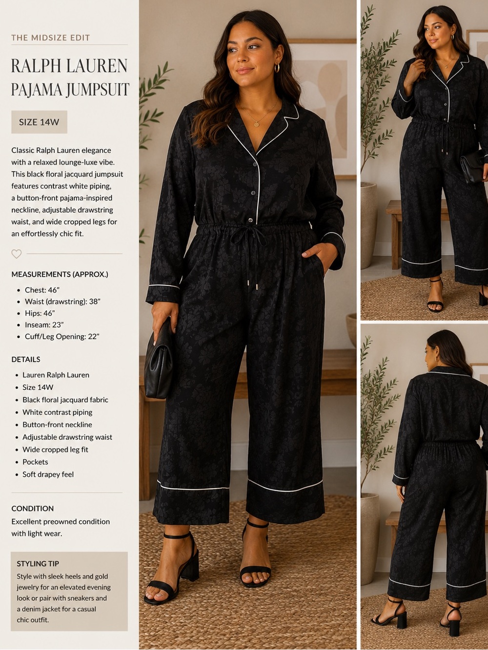 Ralph Lauren Black Floral Jacquard Pajama-Style Jumpsuit | Size 14W